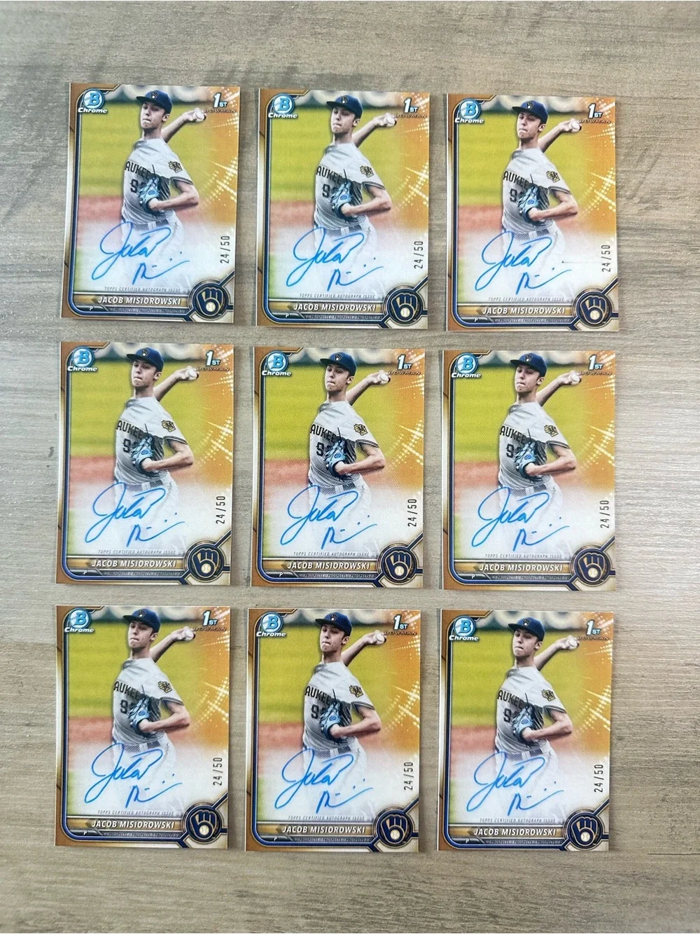 Jacob Misiorowski Lot of (9) Signed 2022 Bowmans Chrome 1st 24/50 Novelty Cards.